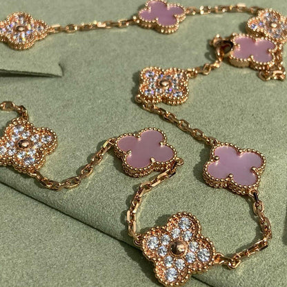 [Cadisa]CLOVER 10 MOTIFS DIAMOND PINK MOP NECKLACE