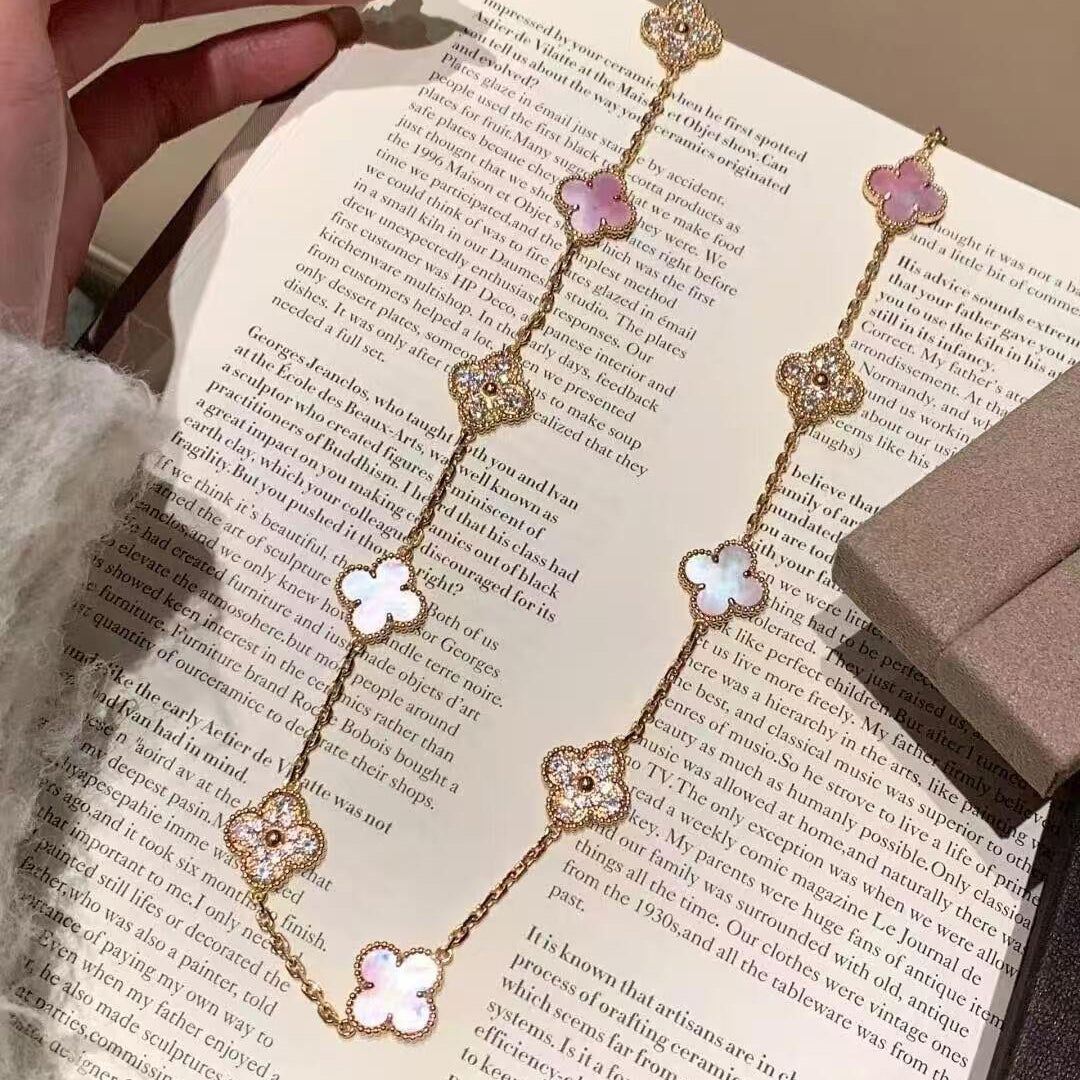 [Cadisa]CLOVER 10 MOTIFS DIAMOND PINK MOP NECKLACE
