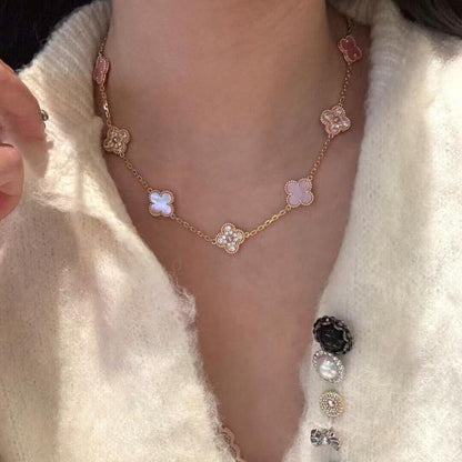 [Cadisa]CLOVER 10 MOTIFS DIAMOND PINK MOP NECKLACE