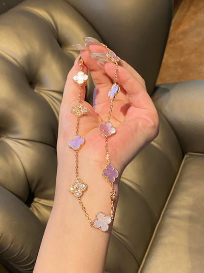 [Cadisa]CLOVER 10 MOTIFS DIAMOND PINK MOP NECKLACE