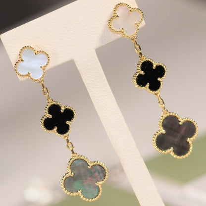 [Cadisa]CLOVER EARRINGS GOLD ONYX MOP 3 MOTIF