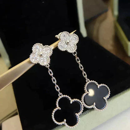 [Cadisa]CLOVER 2 MOTIFS  DIAMOND ONYX EARRINGS SILVER