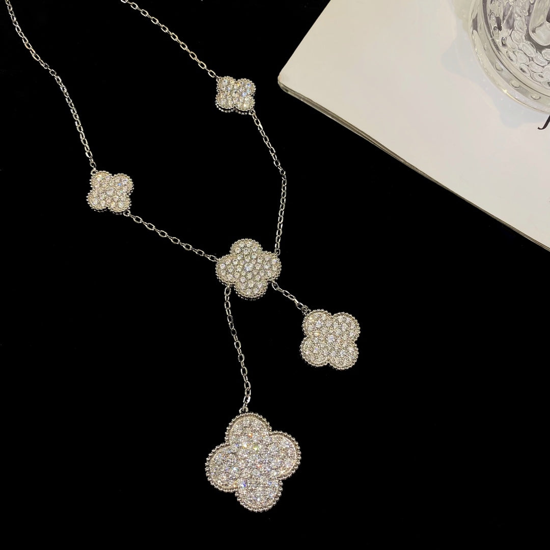 [Cadisa]CLOVER 5 MOTIFS SILVER DIAMONDS NECKLACE