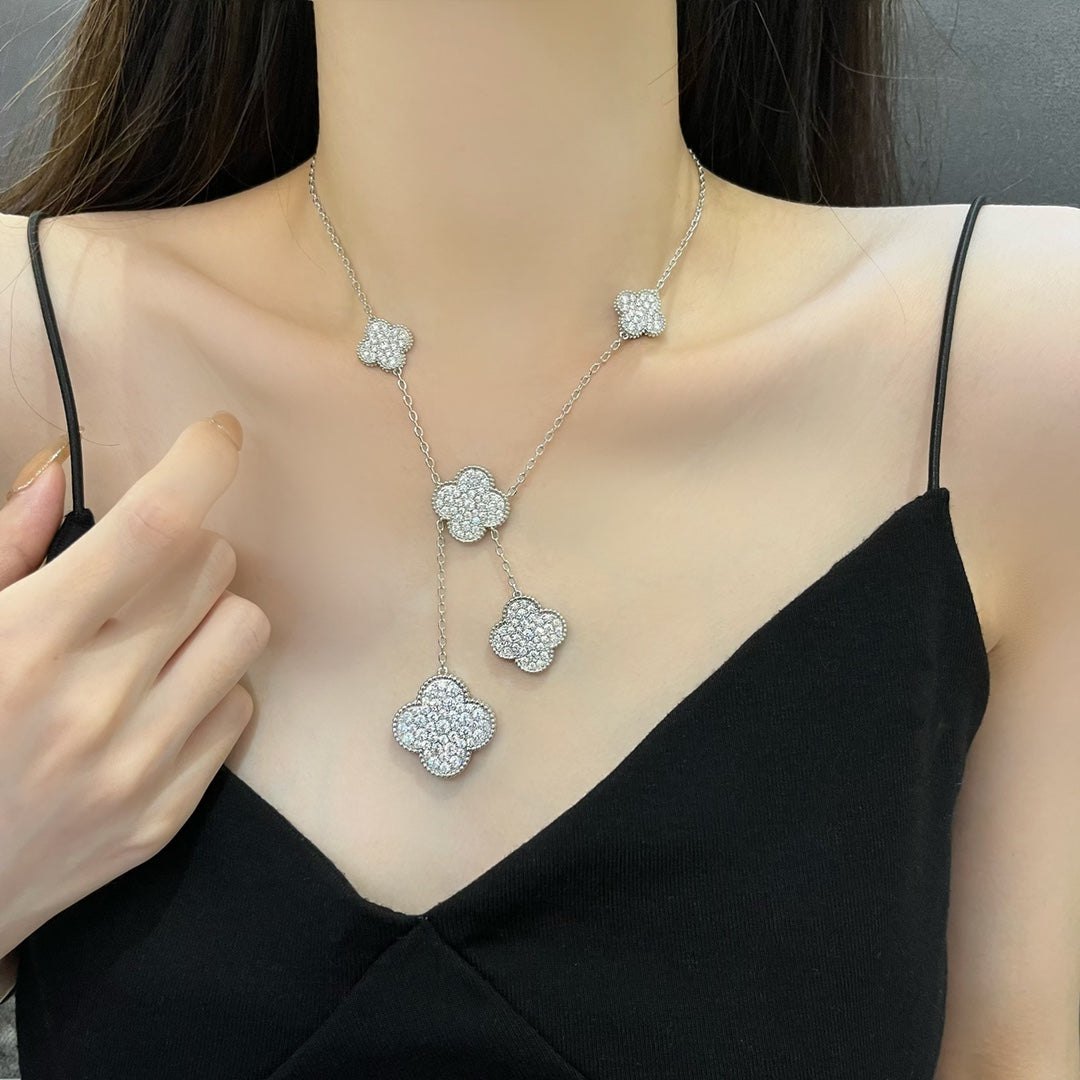 [Cadisa]CLOVER 5 MOTIFS SILVER DIAMONDS NECKLACE