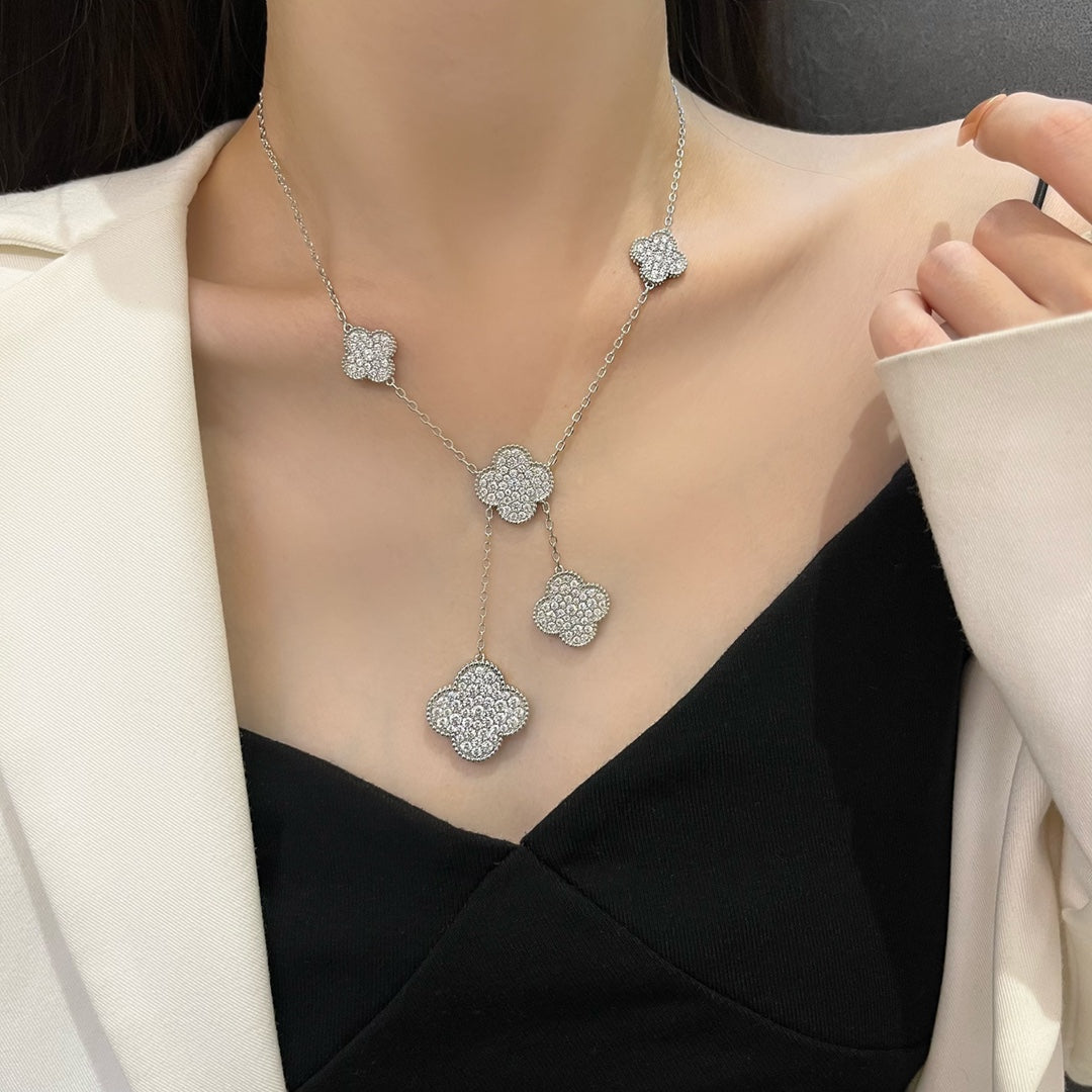 [Cadisa]CLOVER 5 MOTIFS SILVER DIAMONDS NECKLACE