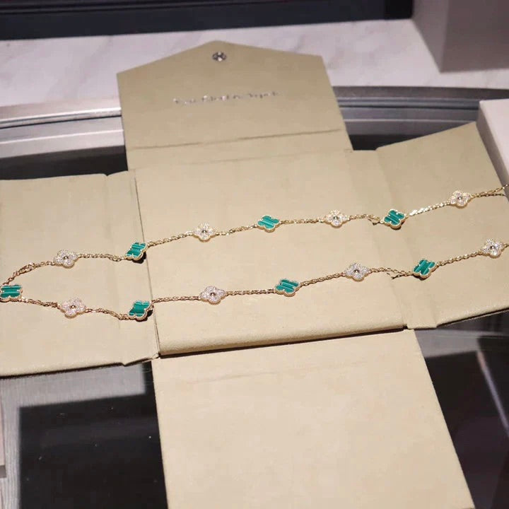 [Cadisa]CLOVER 20 MOTIFS MALACHITE DIAMOND NECKLACE