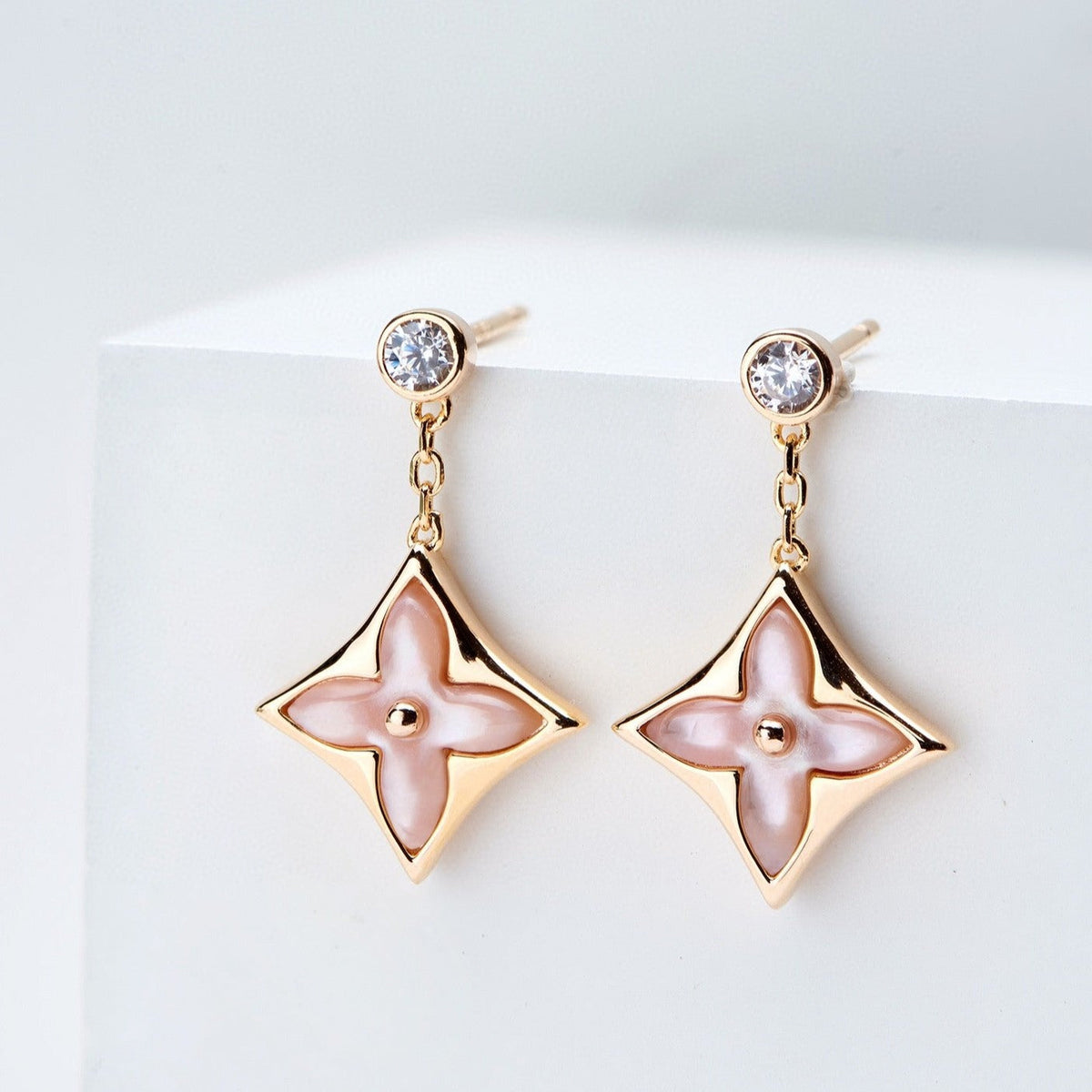 [Cadisa]DOUBLE STAR PINK GOLD MOP DROP EARRINGS