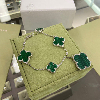 [Cadisa]CLOVER 5 MOTIFS SIVLER MALACHITE BRACELET