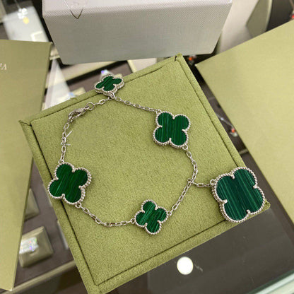[Cadisa]CLOVER 5 MOTIFS SIVLER MALACHITE BRACELET