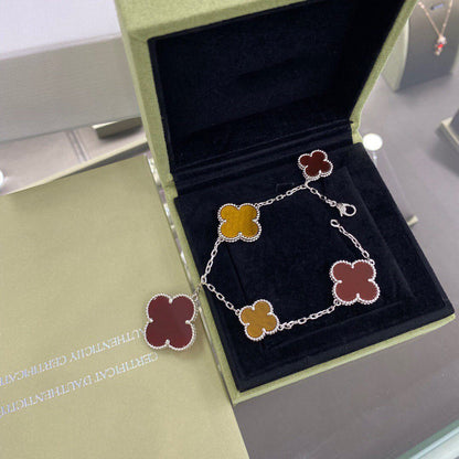 [Cadisa]CLOVER 5 MOTIFS SIVLER CARNELIAN TIGER EYE BRACELET
