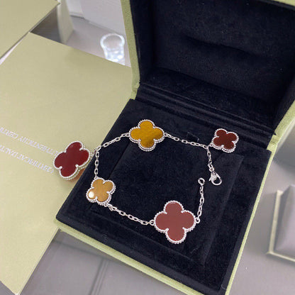 [Cadisa]CLOVER 5 MOTIFS SIVLER CARNELIAN TIGER EYE BRACELET