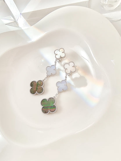 [Cadisa]CLOVER 3 MOTIFS CHALCEDONY DARK MOP SILVER EARRINGS