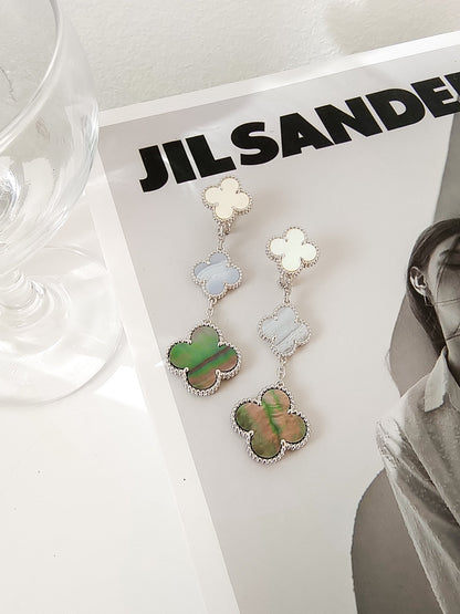 [Cadisa]CLOVER 3 MOTIFS CHALCEDONY DARK MOP SILVER EARRINGS