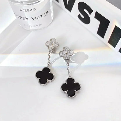 [Cadisa]CLOVER 2 MOTIFS  DIAMOND ONYX EARRINGS SILVER