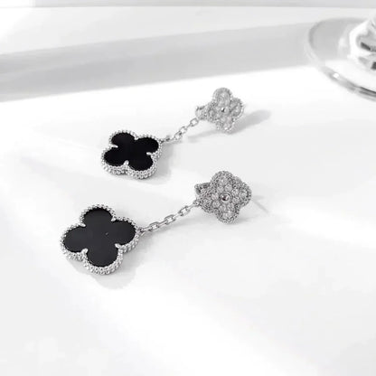 [Cadisa]CLOVER 2 MOTIFS  DIAMOND ONYX EARRINGS SILVER