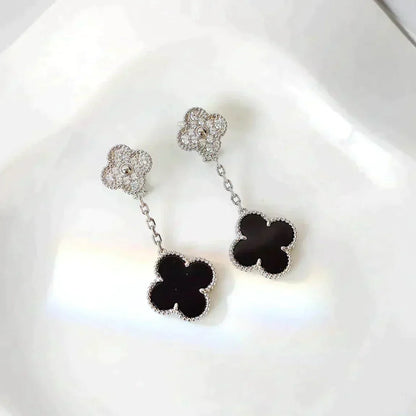 [Cadisa]CLOVER 2 MOTIFS  DIAMOND ONYX EARRINGS SILVER