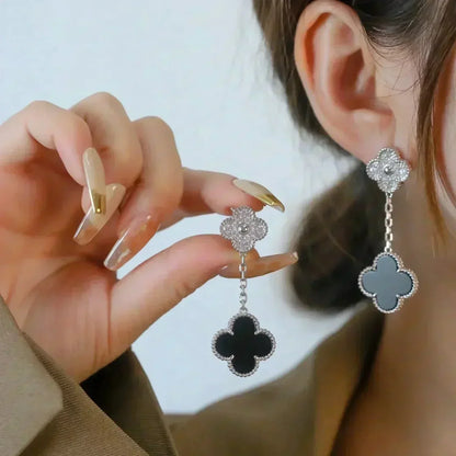 [Cadisa]CLOVER 2 MOTIFS  DIAMOND ONYX EARRINGS SILVER