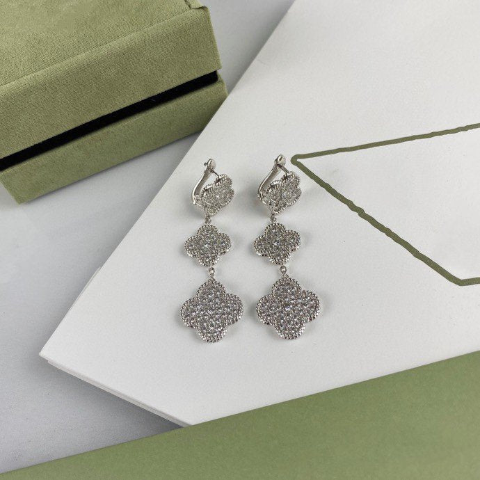 [Cadisa]CLOVER 3 MOTIF DIAMOND SILVER DROP EARRINGS