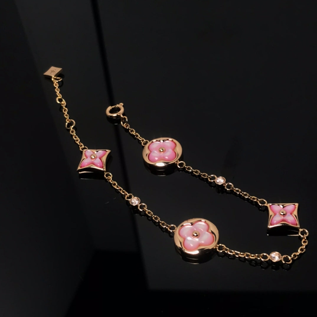 [Cadisa]STAR AND SUN 4 MOTIF PINK MOP PINK GOLD BRACELET