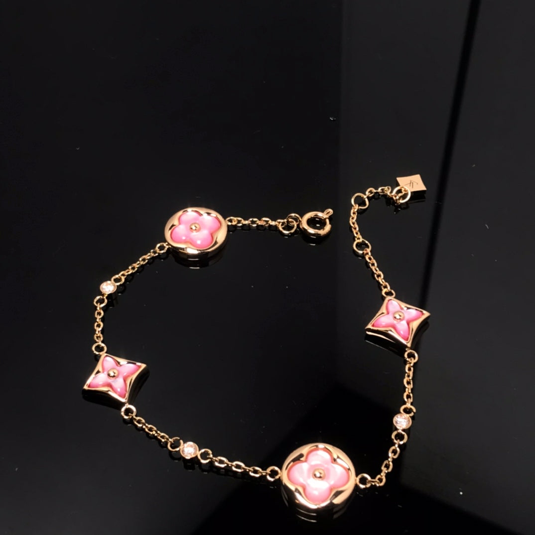 [Cadisa]STAR AND SUN 4 MOTIF PINK MOP PINK GOLD BRACELET