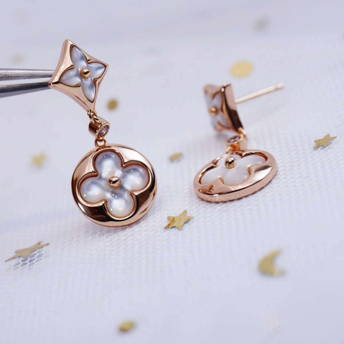 [Cadisa]STAR AND SUN PINK GOLD MOP DROP EARRINGS