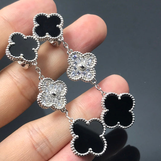 [Cadisa]CLOVER 3 MOTIF DIAMOND ONYX SILVER EARRINGS