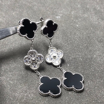 [Cadisa]CLOVER 3 MOTIF DIAMOND ONYX SILVER EARRINGS