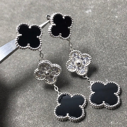 [Cadisa]CLOVER 3 MOTIF DIAMOND ONYX SILVER EARRINGS