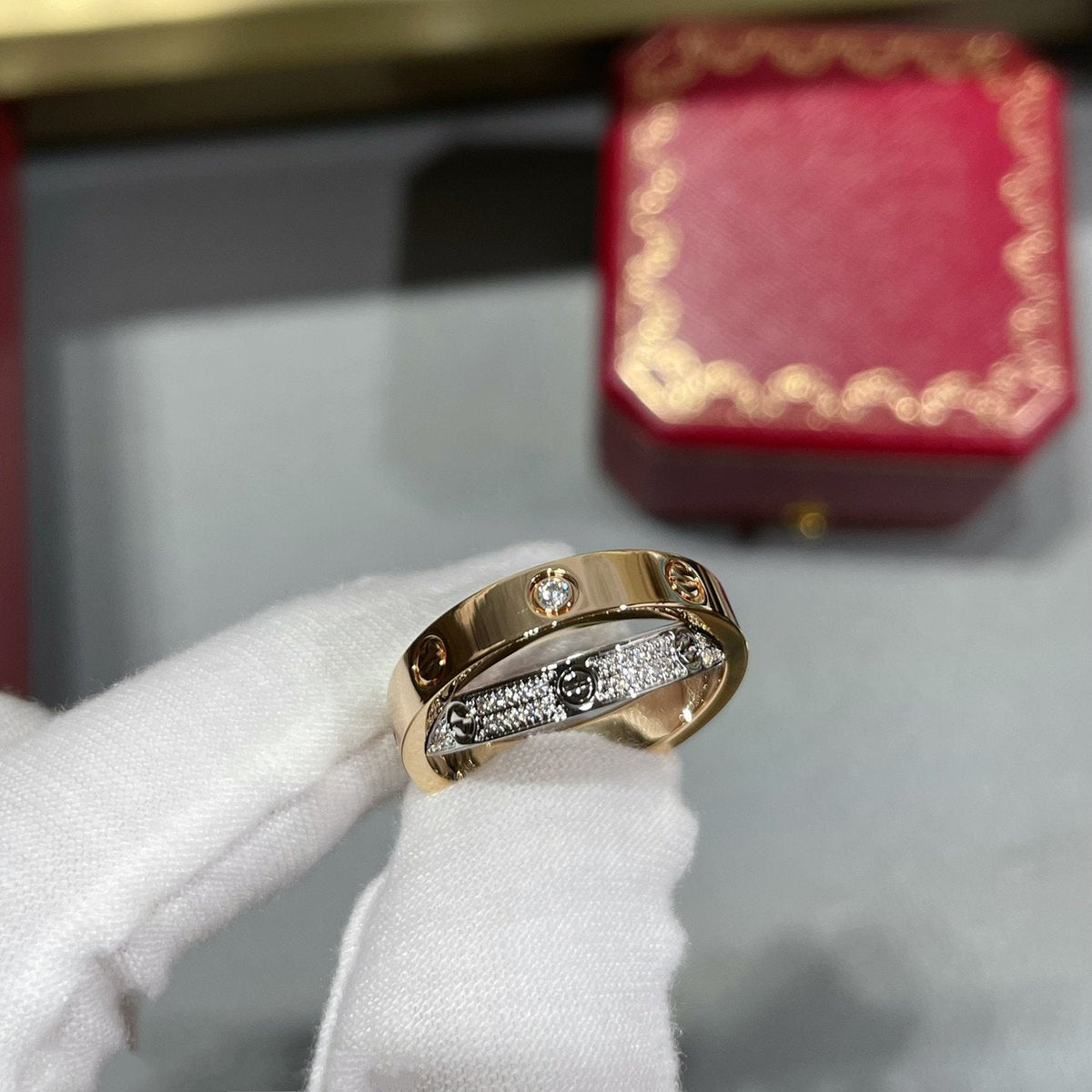 [Cadisa] LOVE PINK GOLD SILVER DIAMOND DOUBLE RING