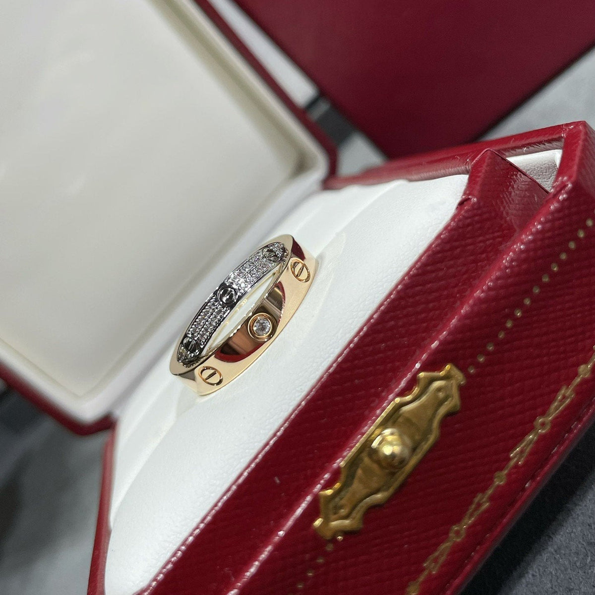 [Cadisa] LOVE PINK GOLD SILVER DIAMOND DOUBLE RING