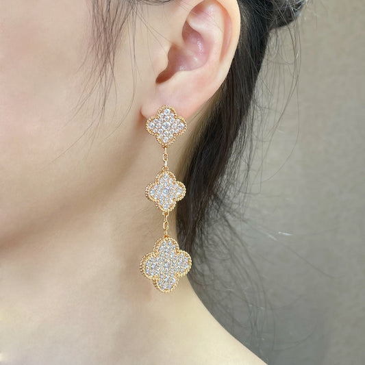 [Cadisa]CLOVER 3 MOTIFS DIAMOND PAVED ROSE GOLD EARRINGS