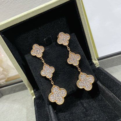 [Cadisa]CLOVER 3 MOTIFS DIAMOND PAVED ROSE GOLD EARRINGS