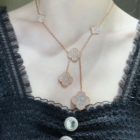 [Cadisa]CLOVER 6 MOTIF DIAMOND PAVED NECKLACE