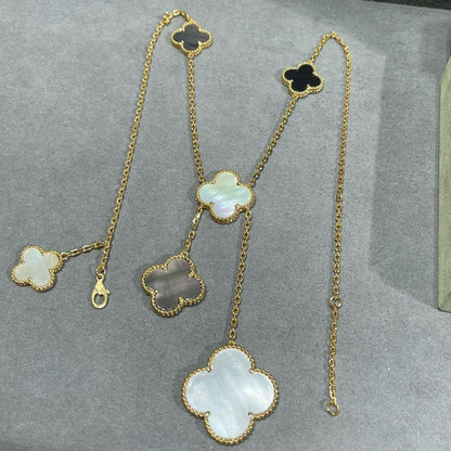[Cadisa]CLOVER 6 MOTIF MOP ONYX GOLD NECKLACE