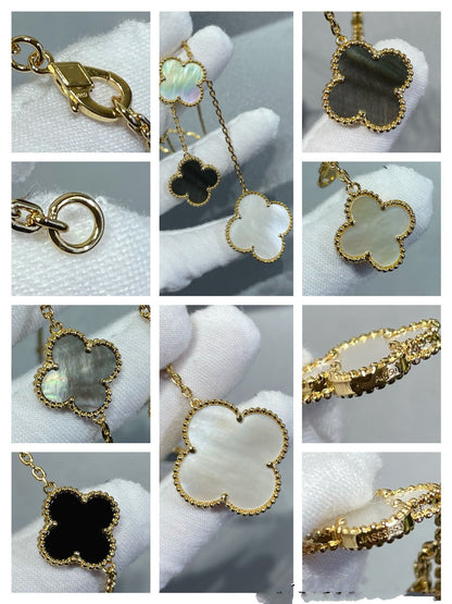 [Cadisa]CLOVER 6 MOTIF MOP ONYX GOLD NECKLACE