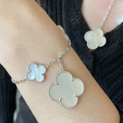 [Cadisa]CLOVER 5 MOTIF WHITE MOP SILVER BRACELET