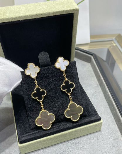 [Cadisa]CLOVER 3 MOTIF MOP ONYX DARK MOP PINK GOLD EARRINGS