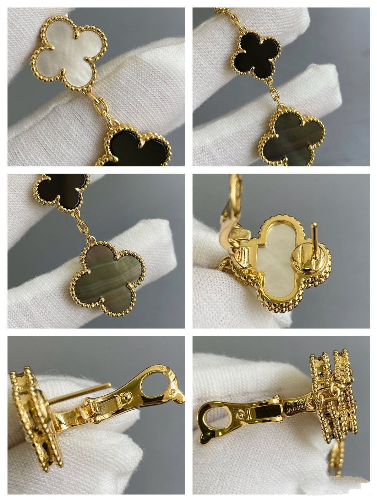 [Cadisa]CLOVER 3 MOTIF MOP ONYX DARK MOP PINK GOLD EARRINGS