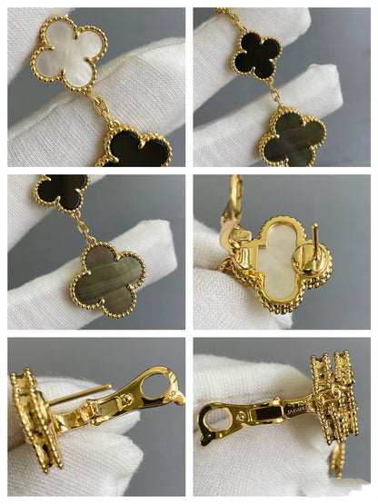 [Cadisa]CLOVER 3 MOTIF MOP ONYX DARK MOP PINK GOLD EARRINGS