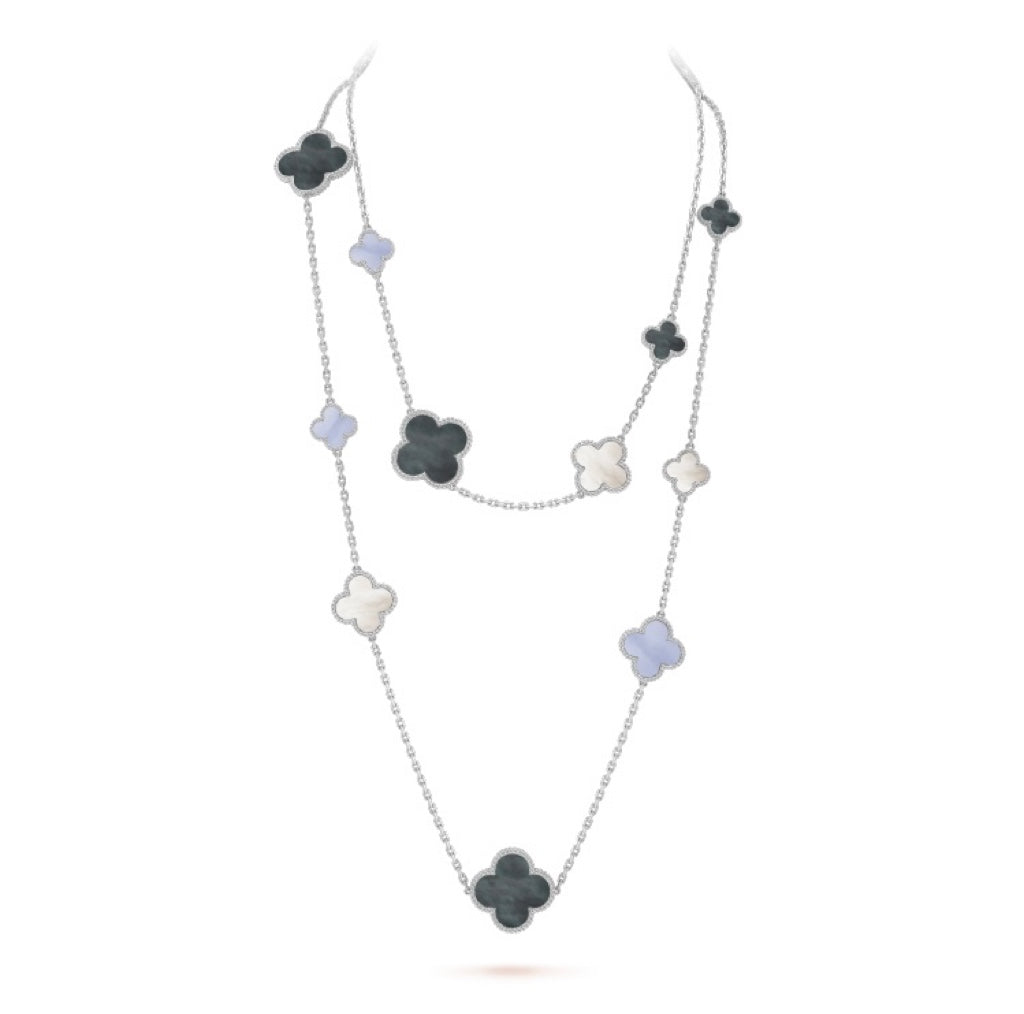 [Cadisa]CLOVER 16 MOTIF CHALCEDONY MOP SILVER NECKLACE