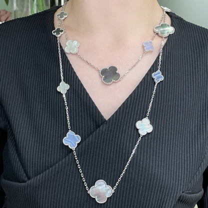 [Cadisa]CLOVER 16 MOTIF CHALCEDONY MOP SILVER NECKLACE