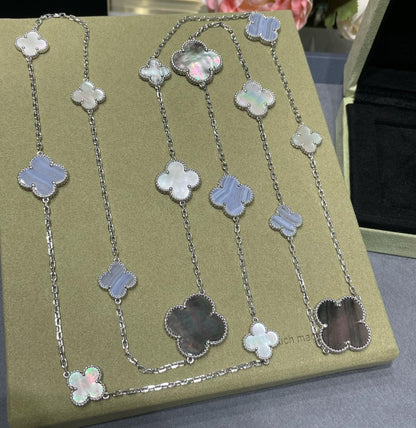[Cadisa]CLOVER 16 MOTIF CHALCEDONY MOP SILVER NECKLACE