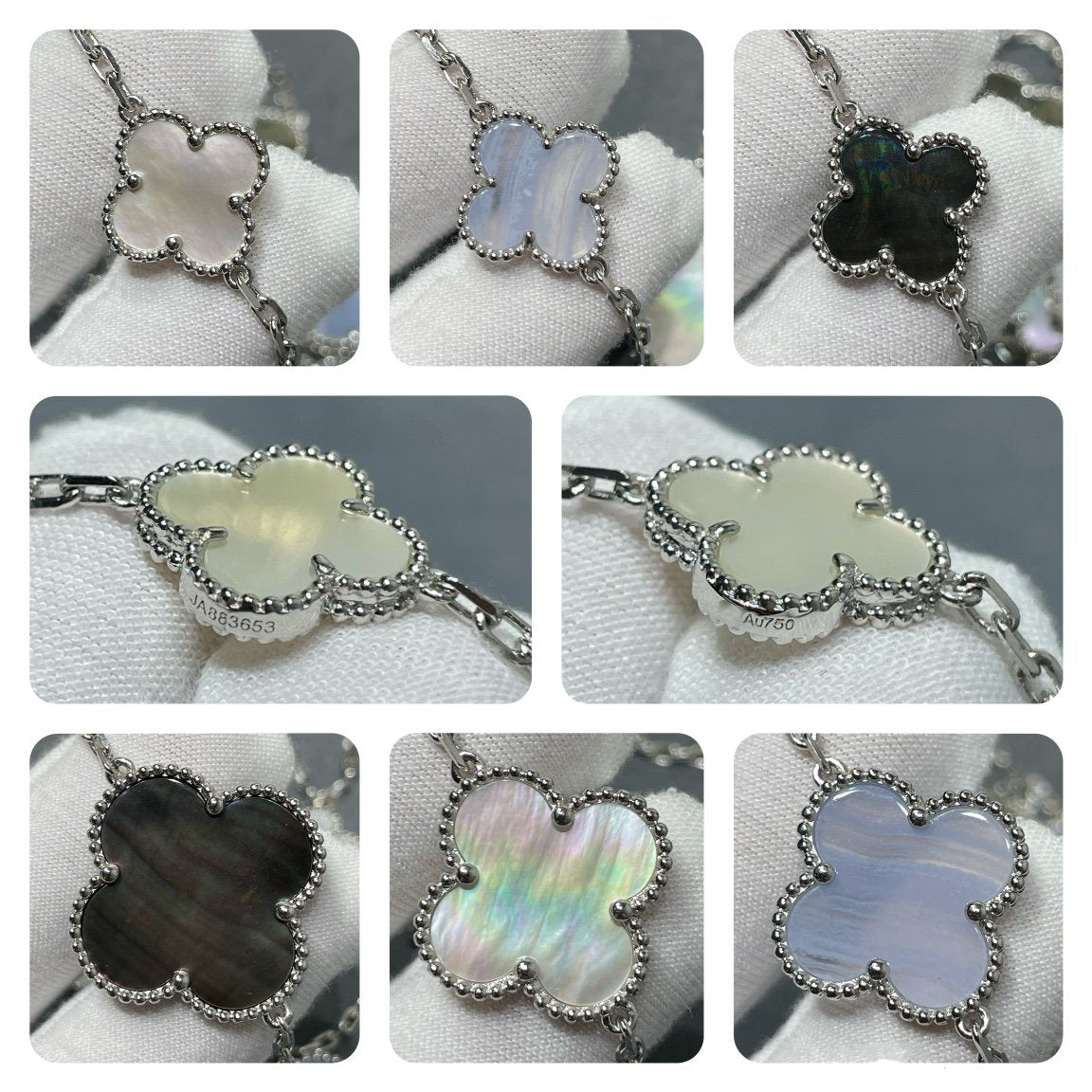 [Cadisa]CLOVER 16 MOTIF CHALCEDONY MOP SILVER NECKLACE