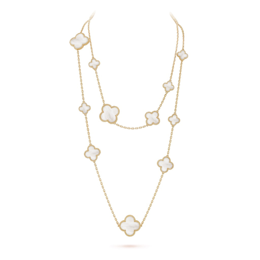 [Cadisa]CLOVER 16 MOTIF WHITE MOP GOLD NECKLACE