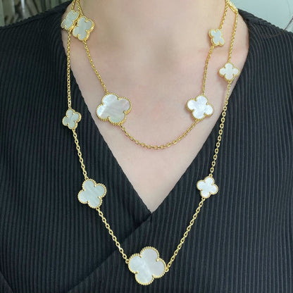 [Cadisa]CLOVER 16 MOTIF WHITE MOP GOLD NECKLACE