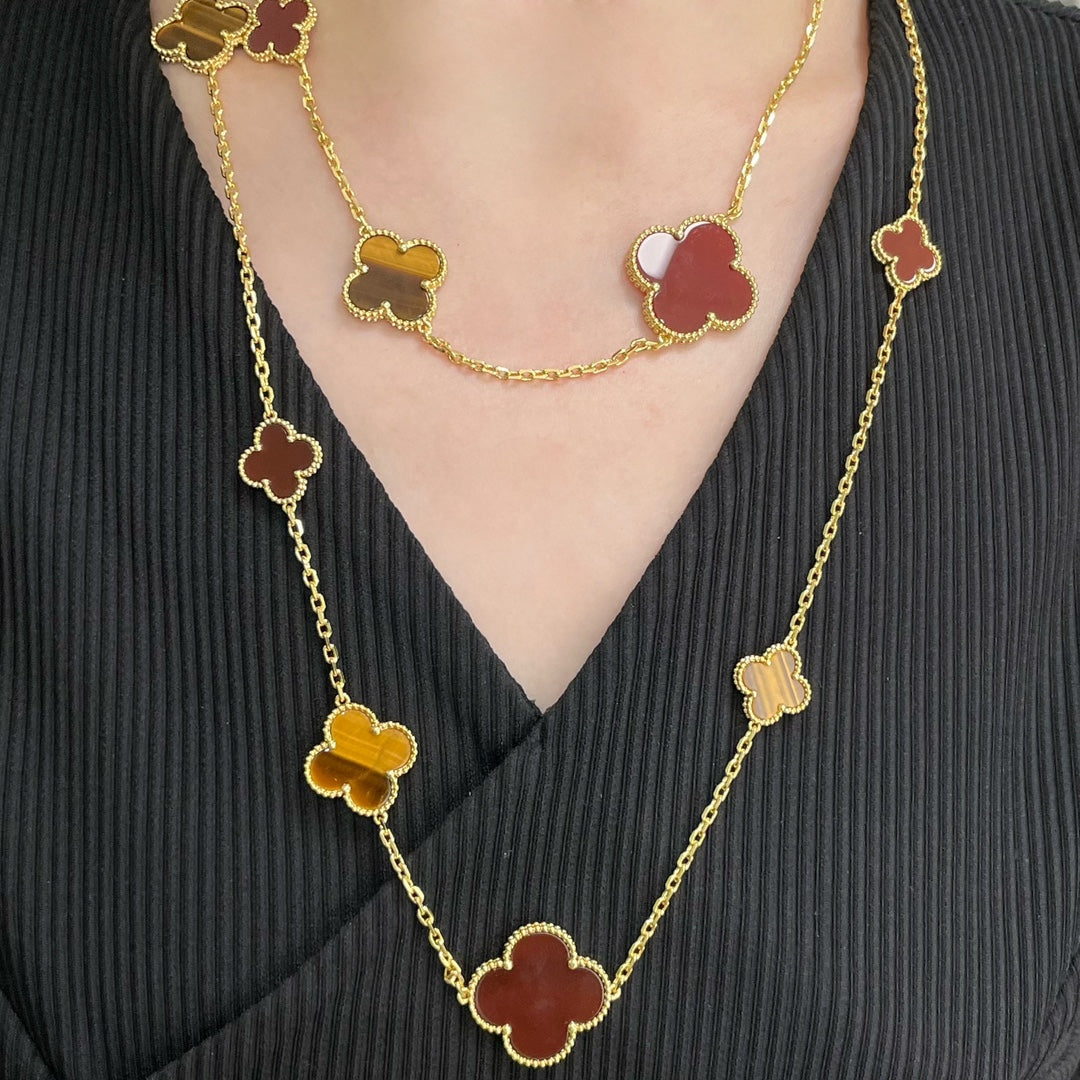 [Cadisa]CLOVER 16 MOTIF CARNELIAN TIGER EYE ROSE GOLD NECKLACE