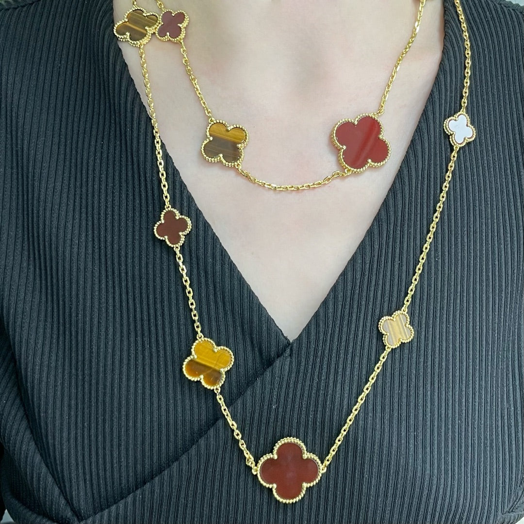 [Cadisa]CLOVER 16 MOTIF CARNELIAN TIGER EYE ROSE GOLD NECKLACE