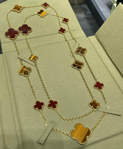 [Cadisa]CLOVER 16 MOTIF CARNELIAN TIGER EYE ROSE GOLD NECKLACE