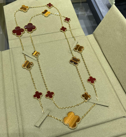 [Cadisa]CLOVER 16 MOTIF CARNELIAN TIGER EYE ROSE GOLD NECKLACE