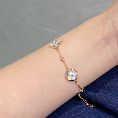 [Cadisa]STAR AND SUN 4 MOTIF WHITE MOP PINK GOLD BRACELET